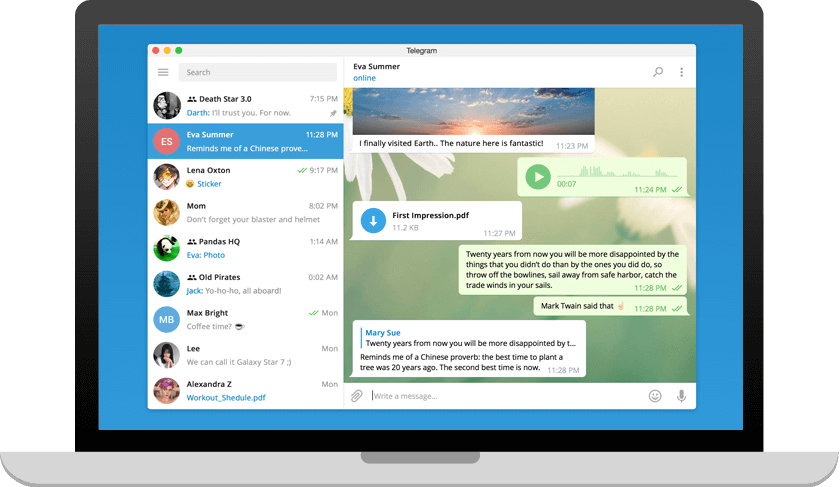 Telegram 纸飞机 Windows 或 macOS 桌面端会话界面